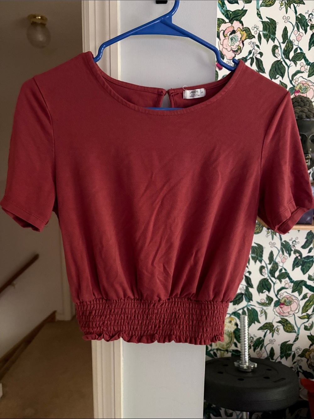 Ardene Burgundy Short Sleeve Smocked Crop Top